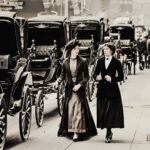 This 1899 photograph of two women strolling past horse-drawn carriages in New York City captures urban life at the turn of the 20th century.