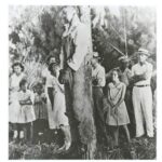 Rubin Stacey, lynched victim, hanging from a tree, surrounded by onlookers, including girls, Fort Lauderdale, Florida.